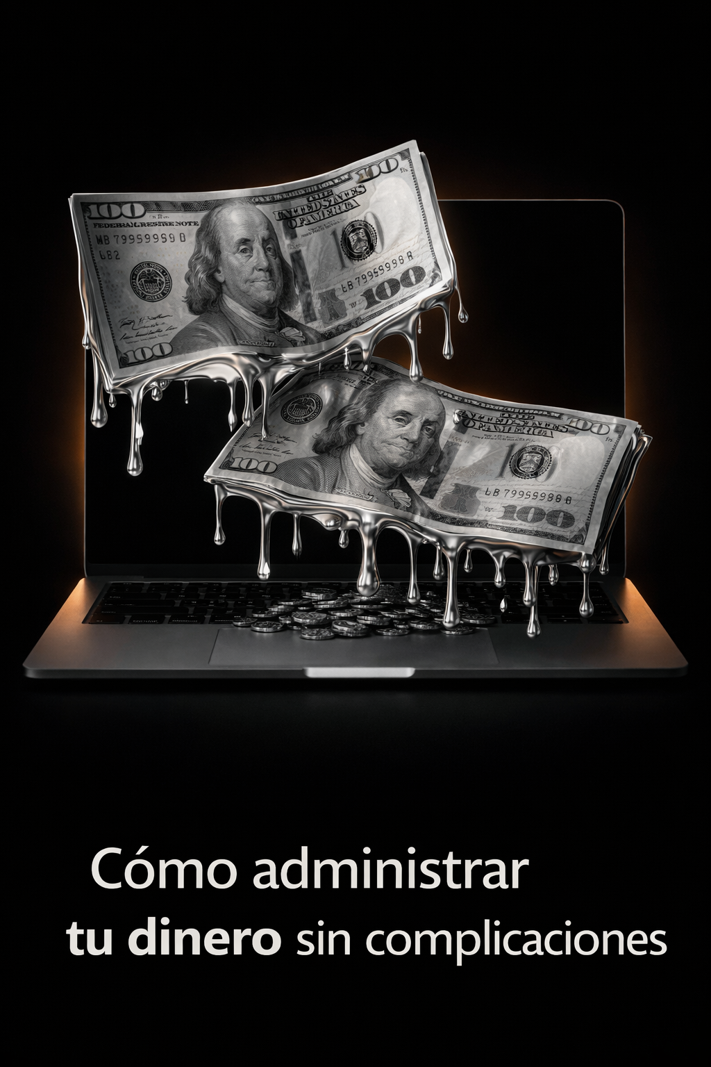 Líquido prateado sobre laptop e notas (1)